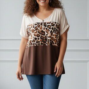 Corvia 2X Animal Print Color Block Tunic Blouse